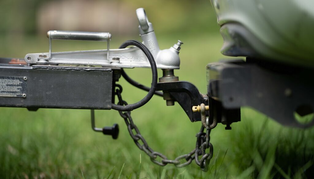 Tow vehicle attached to a trailer with coupler and safety chains visible